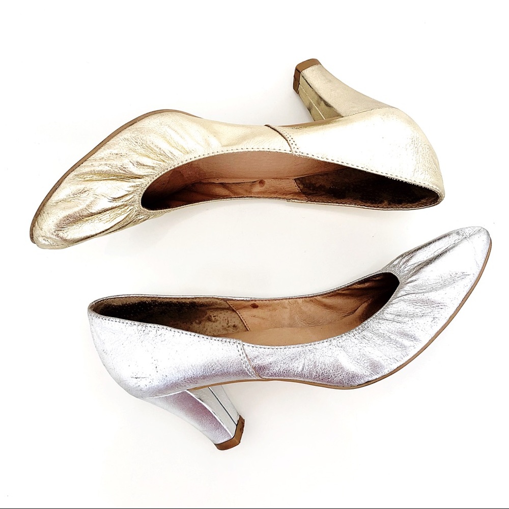 2 PAIRS! Aldo vintage-look elasticized gold heels & silver heels